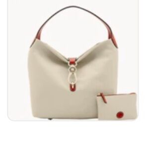 Dooney and bourke logo lock shoulder bag in bone.